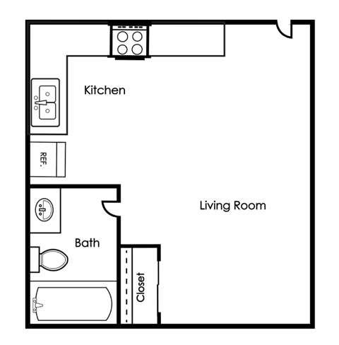 A floor plan shows a kitchen, a living room, and a bathroom.